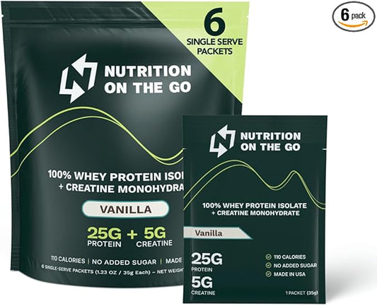 Nutrition On The Go Whey Protein Isolate Packets with Creatine – 25g Protein + 5g Creatine – Single-Serve Travel Protein Powder – Vanilla (6-Pack)