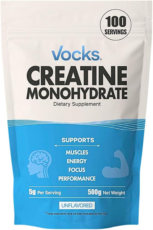Vocks Creatine Monohydrate Powder - Creatine Supplement, Micronized Creatine, Creatine Powder - Unflavored & Gluten Free, 5g per Servings, 500g (1.1 lbs)