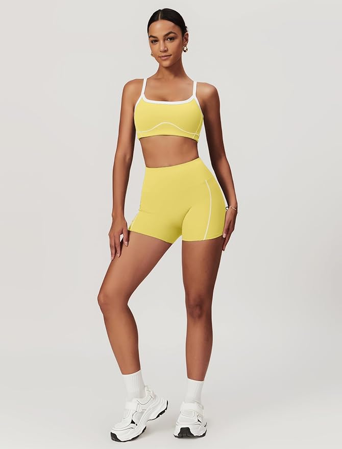 Workout Sets for Women 2 Piece Contrast Panel Sports Bra Tummy Control Butt lifting Shorts Jogger Outfits ﻿