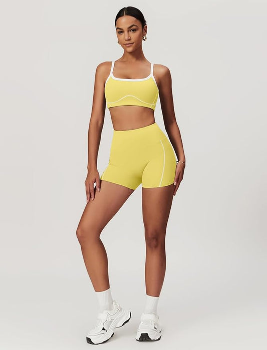 Workout Sets for Women 2 Piece Contrast Panel Sports Bra Tummy Control Butt lifting Shorts Jogger Outfits ﻿
