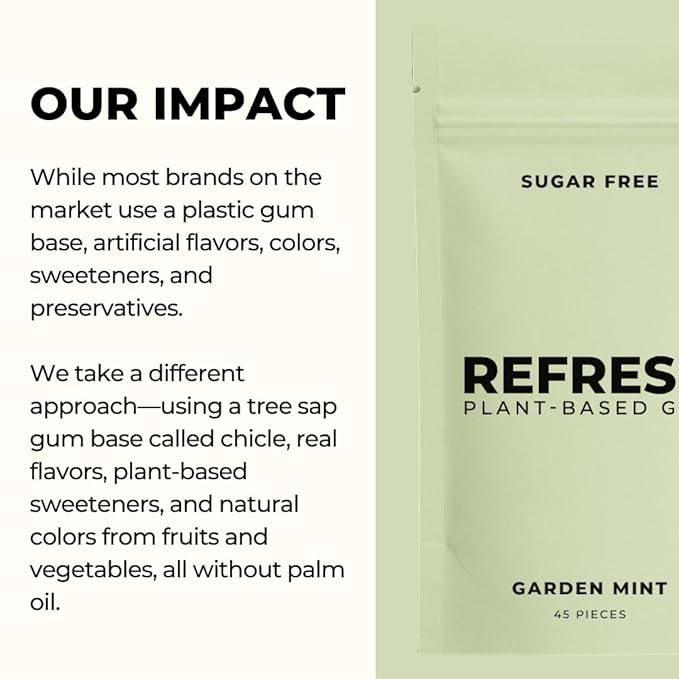 Refresh Gum Garden Mint, Xylitol – Sugar Free Chewing Gum Pouch, Natural Flavor & Organic Ingredients – Aspartame Free, Plant-Based, Non-GMO – 45 Pieces