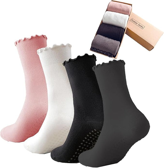 4 Pairs Ruffle Yoga Socks for Women,Cute Frilly Non-Slip Grips Socks for Pilates,Fitness,Hospital,Pregnant