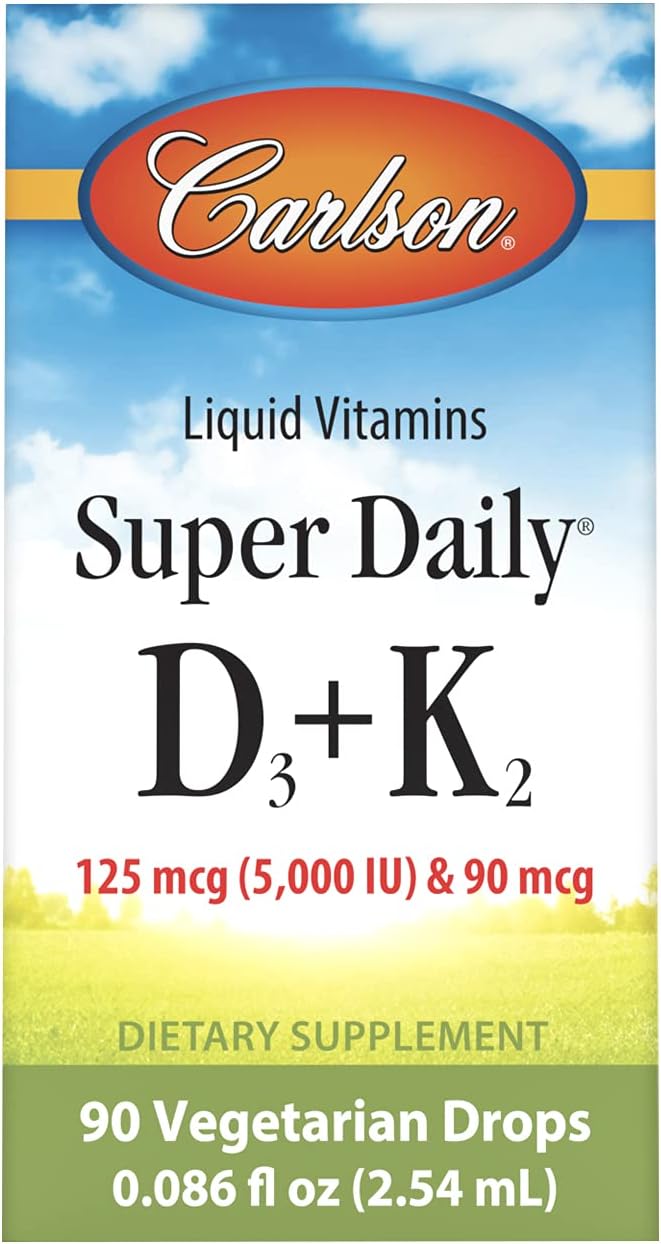 Carlson - Super Daily D3 + K2, 125 mcg (5000 IU) Vitamin D3, 90 mcg Vitamin K2 as MK-7, Bone Support, 90 Liquid Drops (2.54 mL)
