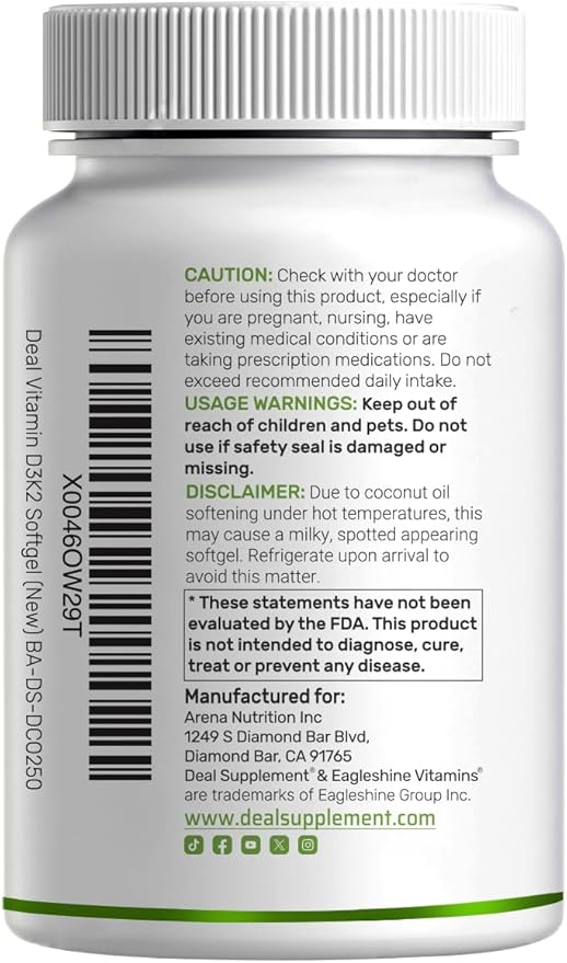 DEAL SUPPLEMENT Vitamin D3 5,000 IU + K2 MK7 100mcg Softgels | 2-in-1 Complex with Virgin Coconut Oil | Supports Heart, Bone, Teeth & Immune Health | Easy to Swallow