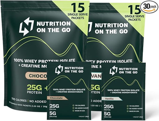 Nutrition On The Go Whey Protein Isolate Packets with Creatine – 25g Protein + 5g Creatine – Single-Serve Travel Protein Powder - Variety Pack (Vanilla & Chocolate) (30-Pack)