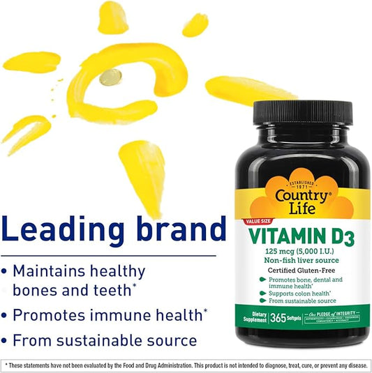 Country Life Vitamin D3 5000 IU – High Potency, Non-Fish Source, Supports Bone Health, Immune Function & Calcium Absorption – 365 Softgels, Certified Gluten-Free, Long-Term Supply
