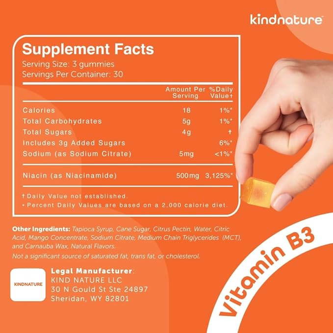 kindnature Vitamin B3 Niacin Gummies - Flush Free Niacinamide 500mg Supplement - Vegan, Non-GMO, Low-Calorie, Gluten-Free, Soy-Fee, 3rd Party Lab Tested - 1 Month Supply, 90 Chewable Gummies