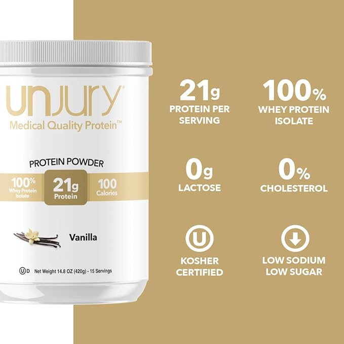 Unjury Whey Protein Powder | Vanilla | 21g 100% Whey Isolate Protein Powder | Low Carb and Lactose Free | Gluten Free | Certified Kosher | 15 Servings