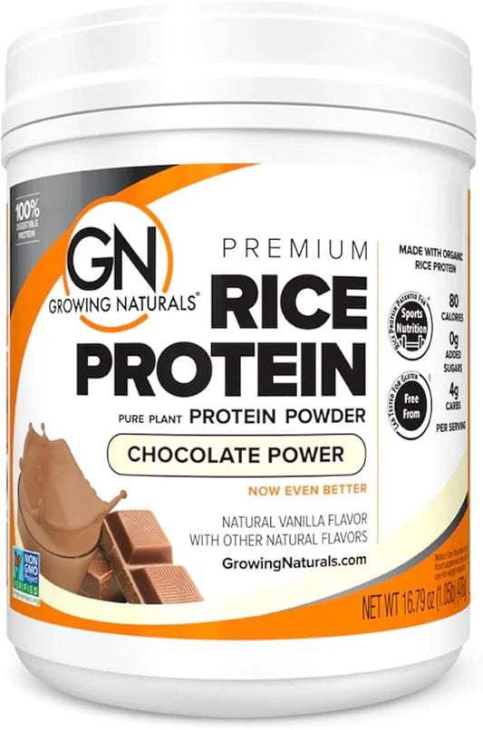 Growing Naturals Organic Premium Rice Protein Powder, Chocolate Power, Non-GMO, Vegan, 16.8 Ounce