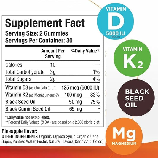 Sakoon nutrition 5000 IU Vitamin D3 K2 Vitamin Supplement with Black Seed Oil for Bone, Teeth, Muscle, and Immune Defense Support, Non-GMO and Gluten Free, 60 Gummy Chewables