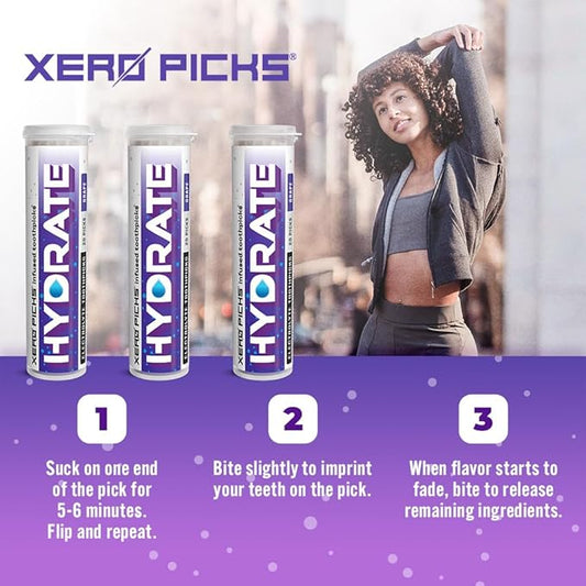 Xero Picks Hydrate - Electrolyte Flavored Toothpicks -60 Picks-Variety 3 Pack - Grape - Sodium, Potasium, Magnesium, Calcium
