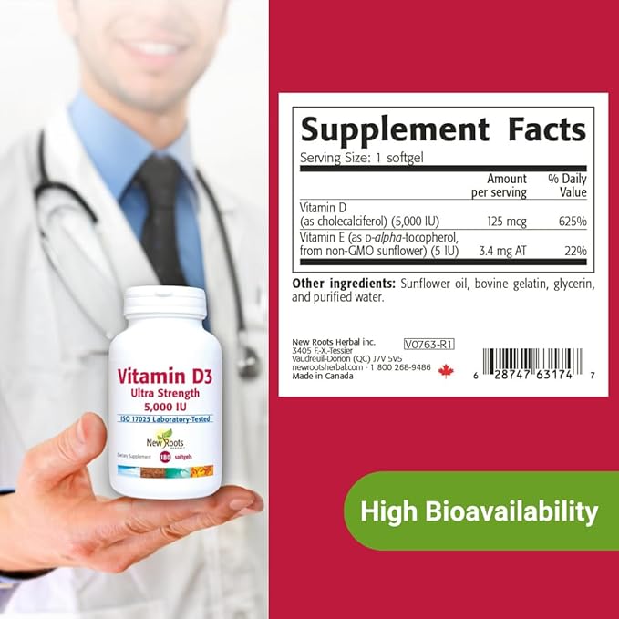 NEW ROOTS HERBAL Vitamin D3 Supplement 5000 IU + Vitamin E from Non-GMO Sunflower for Ultra Strength (180 Softgels) Effective Immune Support, GMP Certified from