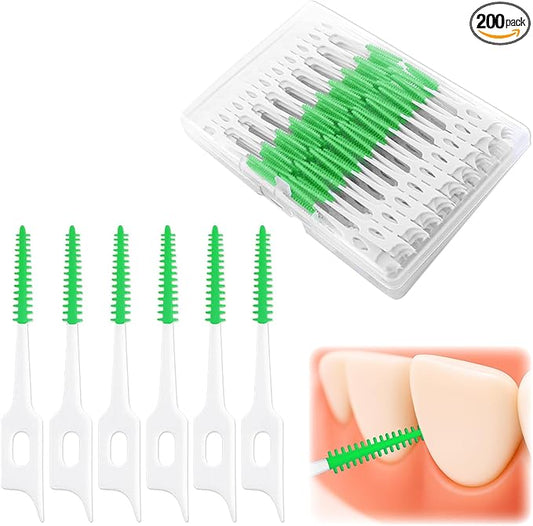 200 Pcs Portable Soft Silicone Interdental Floss Picks for Family Oral Care, Dual - Ended Toothpick & Flosser Cleaning Tool(Green)