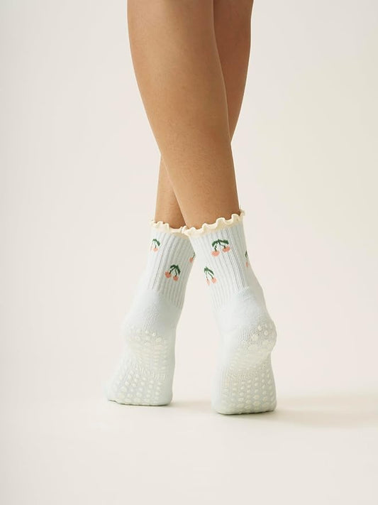 Shapes Studio Crew Half Calf Grip Socks, Cutest Fruits Pilates Socks, Ruffle socks, Non-Slip, Barre Yoga Fitness