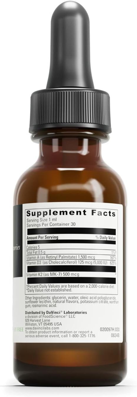 DAVINCI Labs Liposomal ADK - Liquid Dietary Supplement to Support Immune System, Bone and Heart Health* - with Vitamin A, Vitamin D3 and Vitamin K2 - Gluten-Free - Vegetarian - 30 ml