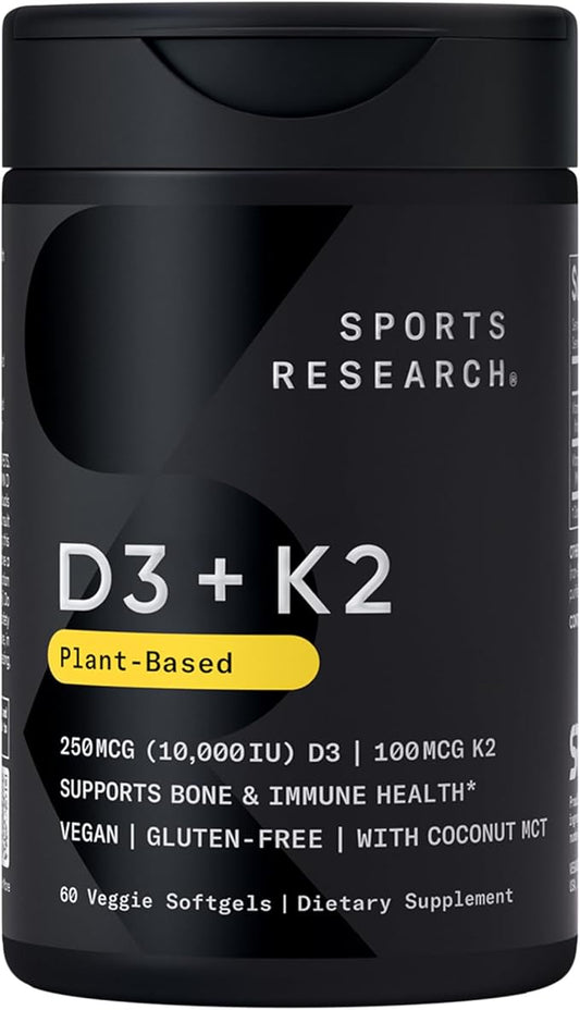 Sports Research® Vitamin D3 + K2 with 10,000iu of Plant-Based D3 & 100mcg of Vitamin K2 as MK-7 | Non-GMO Verified & Vegan Certified 60ct