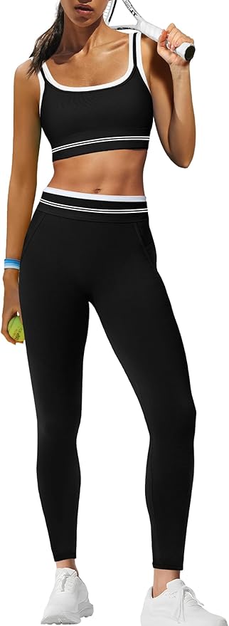 Panadila Womens Yoga Set 2 Piece Outfits Striped Workout Set Gym Matching Sports Bra and High Waist Leggings Activewear