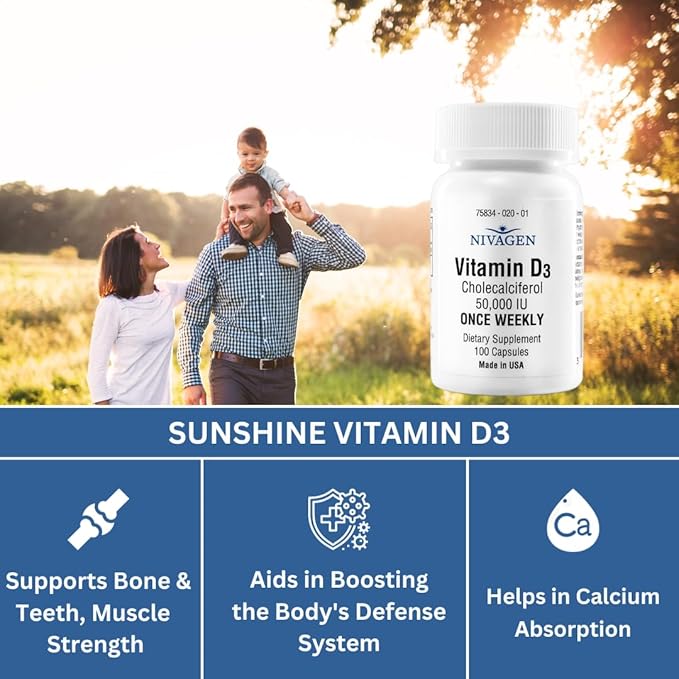 Vitamin D3 50,000 IU (1250 mcg) | Once Weekly Dose | 100 Capsules (100 Weeks, Approx. 2 Years Supply) | Easy to Swallow | Bone, Muscle & Immune Support | Non-GMO, Gluten Free | Made in USA