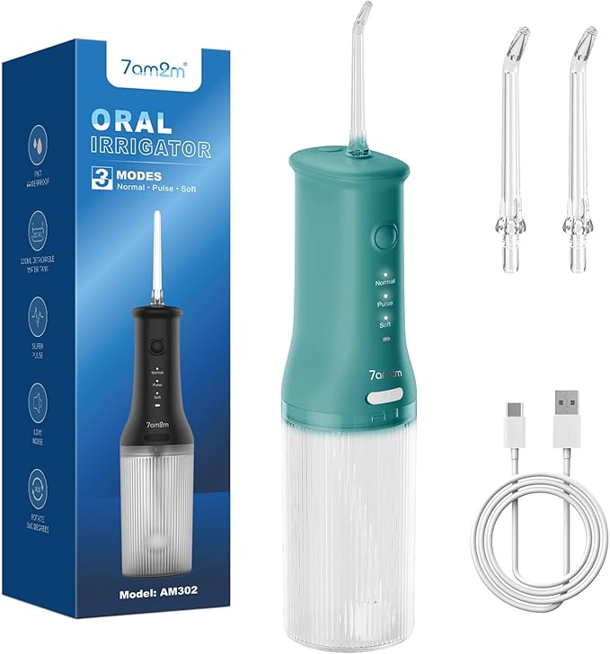7AM2M Portable Water Flosser Cordless, Water Flosser for Teeth with 3 Modes and 2 Jet Tips, USB C Rechargeable, IPX7 Waterproof, Dental Water Flosser for Travel and Home Use (Peacock Green)