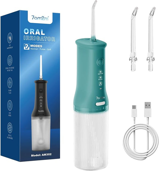 7AM2M Portable Water Flosser Cordless, Water Flosser for Teeth with 3 Modes and 2 Jet Tips, USB C Rechargeable, IPX7 Waterproof, Dental Water Flosser for Travel and Home Use (Peacock Green)