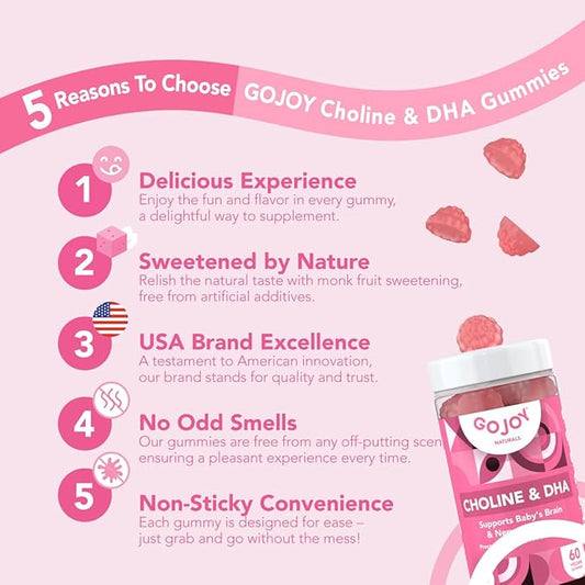 Prenatal Choline & DHA Gummies - Preconception to Postnatal Gummy Vitamin Supplement for Pregnant Women - Sweetened with Monk Fruit - 3rd Party Tested - Non GMO, Gluten Free, Vegan