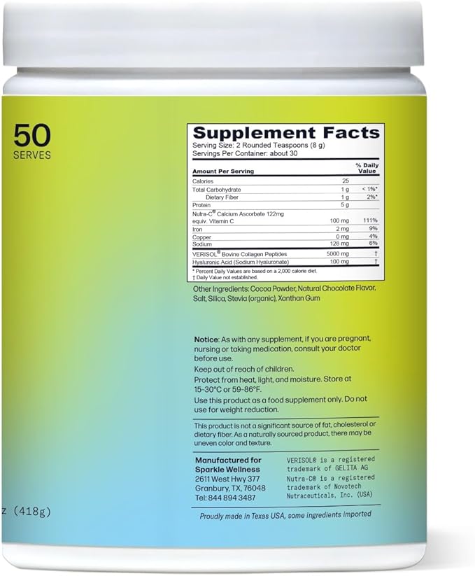 Sparkle Wellness VERISOL Bioactive Hydrolyzed Collagen Peptides | Collagen Powder Supplement with Vitamin C & Hyaluronic Acid for Hair, Skin, and Nail Health | Skin Boost Plus (Chocolate) [50-Serves]
