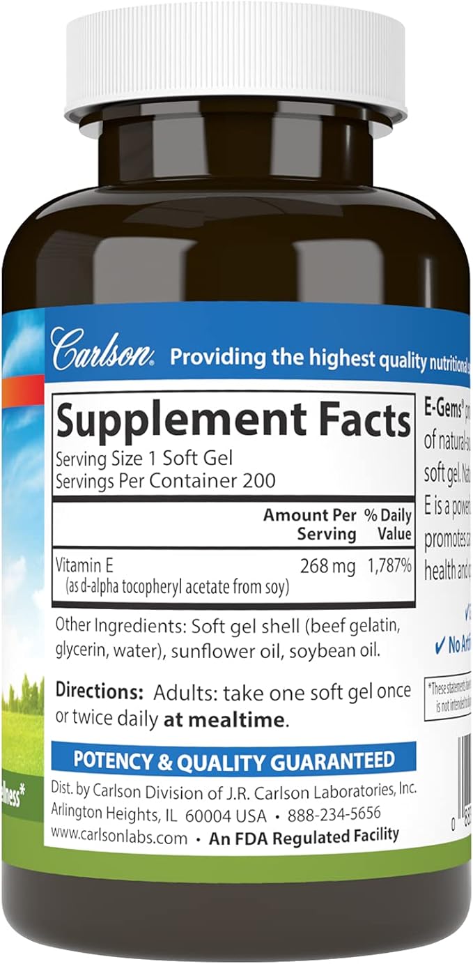 Carlson - E-Gems, 400 IU, Heart Health & Optimal Wellness, Antioxidant, 200 soft gels