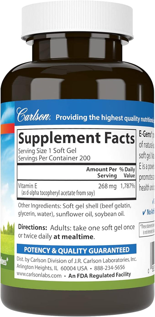 Carlson - E-Gems, 400 IU, Heart Health & Optimal Wellness, Antioxidant, 200 soft gels