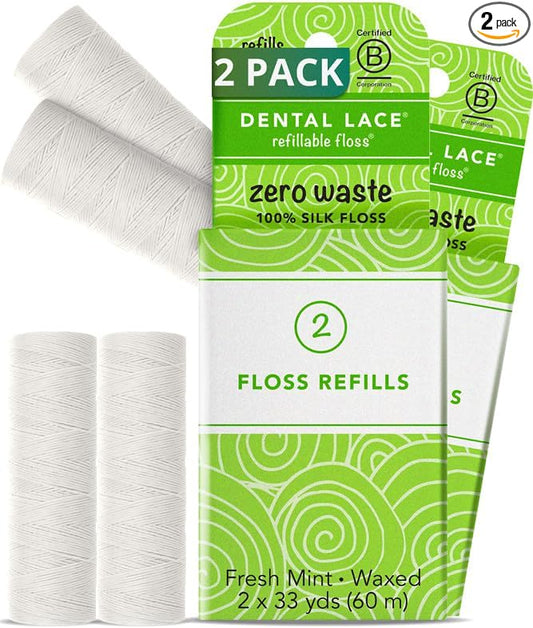 Refills - Dental Lace Refillable Silk Dental Floss - 100% Silk Floss with Mint Flavor, PFAS & PTFE Free - 2 Refill Spools (66 Yards) - Recyclable Packaging (Pack of 2)