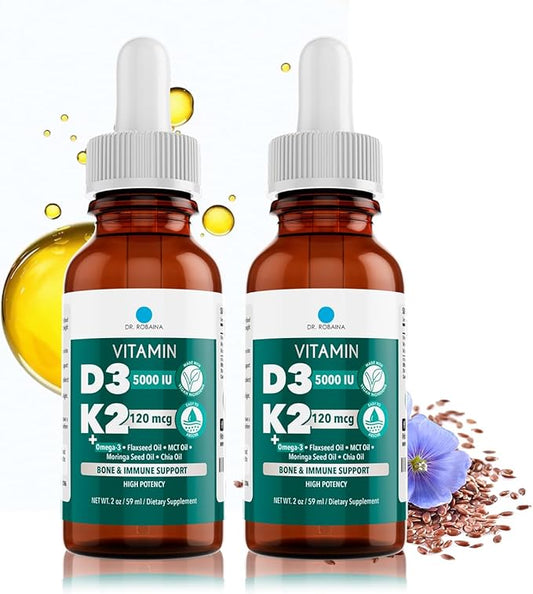 Dr. Robaina Vitamin D3 + K2 Drops – Vegan MCT Oil Liquid Supplement, 5000 IU D3 & 120 mcg MK-7, Sublingual Daily Vitamin D and K