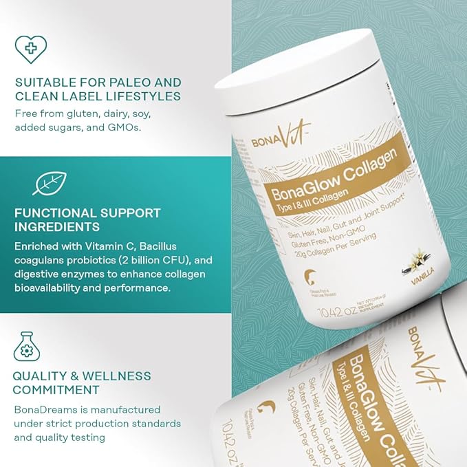 BonaGlow - Hydrolyzed Collagen Powder - Vanilla Flavor - 24 Servings - Type I & III with Vitamin C, Probiotics, and Digestive Enzymes - Skin, Nails, Hair - High Dosis of Collagen & Protein