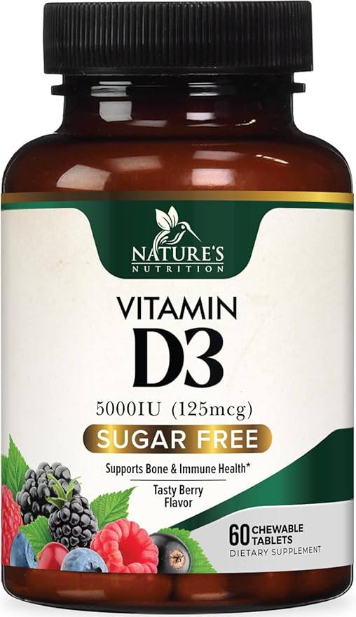 Vitamin D3 5000 IU (125 mcg) Nature's Extra Strength Vitamin D Supplement Chewable for Immune Support Health - Bone, Teeth and Muscle Supplements - Sugar Free, Non-GMO, Gluten Free - 60 Count Tablets
