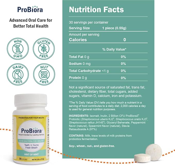 ProBiora Oral Probiotics for Teeth and Gums | Dental Probiotics for Improved Oral Health | Bad Breath Treatment for Adults | ProBiora3 Patented Probiotic Blend | Tooth Whitening | 30 Mint Tablets