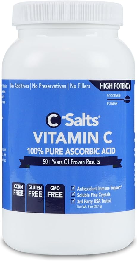 C-Salts Pure Ascorbic Acid Powder - High Dose 100% Pure Vitamin C Powder Supplement for Immune Support - Sugar-Free Powdered Drink with Soluble Fine Crystals, Organic, Corn-Free Non-GMO 8oz