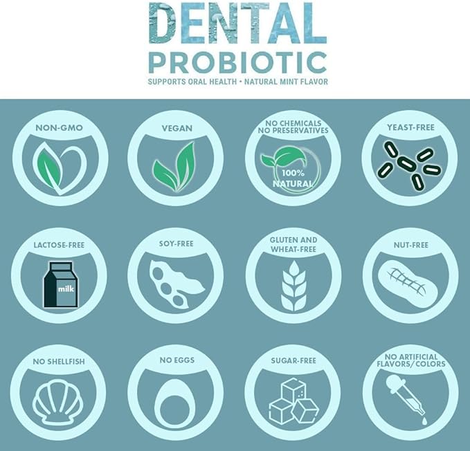 Dental Oral Probiotic, 60 Chewable Tablets - Supplements w/BLIS K12 & M18 - Bad Breath Treatment for Adults - Boosts Oral Health - Fights Halitosis, Tooth Decay, Strep Throat (Mint Flavor)