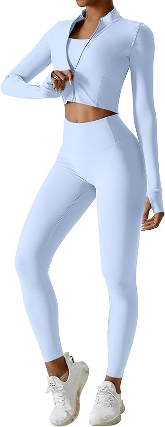 Workout Sets for Women 3 Piece High Waisted Seamless Leggings Crop Top Jacket Gym Yoga Outfit Stretchy Sports Bra Sets