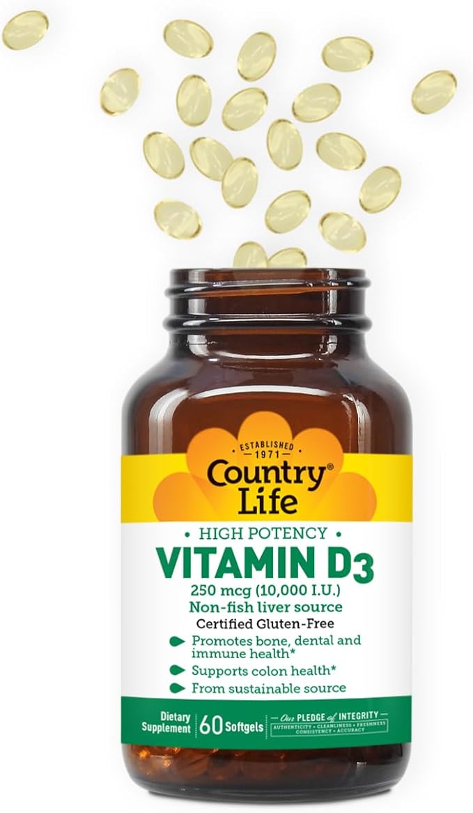 Country Life Vitamin D3 10,000 IU – High Potency, Non-Fish Source | Bone, Immune & Colon Health Support | 60 Softgels | Certified Gluten-Free, Clean Formula with MCT Oil for Better Absorption