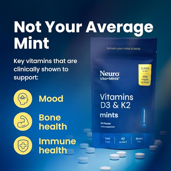 NeuroGum Vita-Mint D3+K2 Mints (Peppermint, 90 Pieces) | 5,000 IUS Vitamin D3 + 200mcg K2 | Sugar Free Bone, Immune & Mood Support