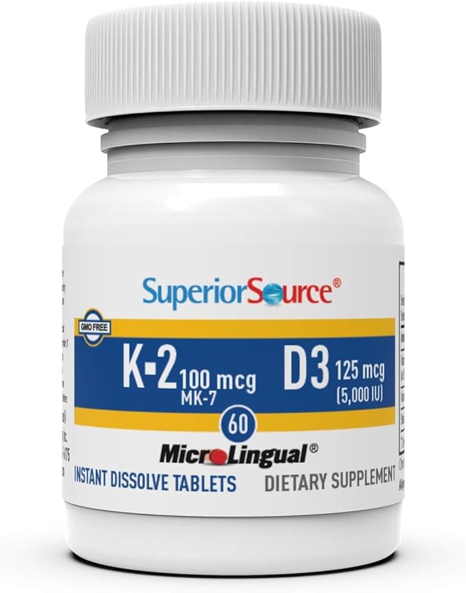 Superior Source K2 (MK-7) 100 mcg, with D3 (5,000 IU) Supplement, Quick Dissolve MicroLingual Tablets, 60 Count, Strengthen Bones, Cardiovascular & Immune System Support, Non-GMO