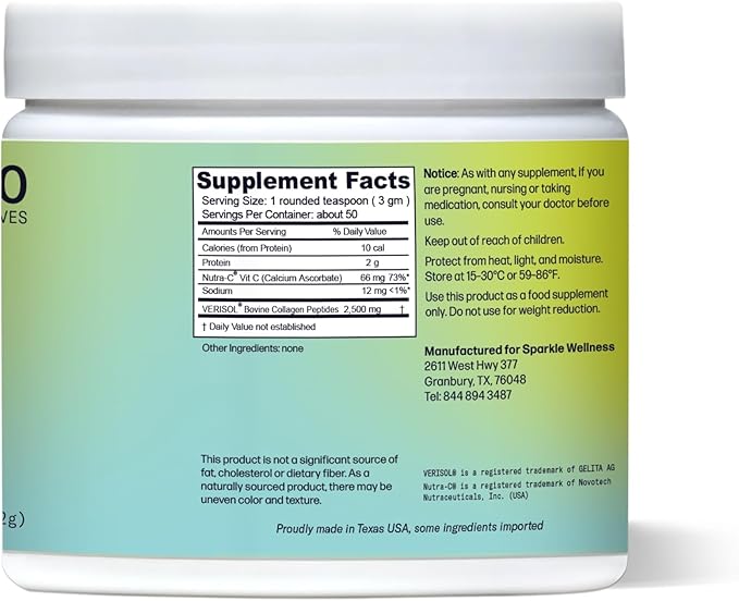 Sparkle Wellness VERISOL Bioactive Hydrolyzed Collagen Peptides | Collagen Powder Supplement with Vitamin C for Skin, Hair & Nail Health | Skin Boost (No Flavor) [50-Serves]