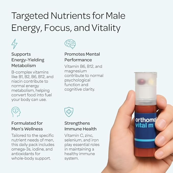 Orthomol Vital M Vial – 30-Day Men's Vitamin Supplement with A, B, C, D, E, K, Iodine & Omega-3 – Supports Male Energy & Vitality