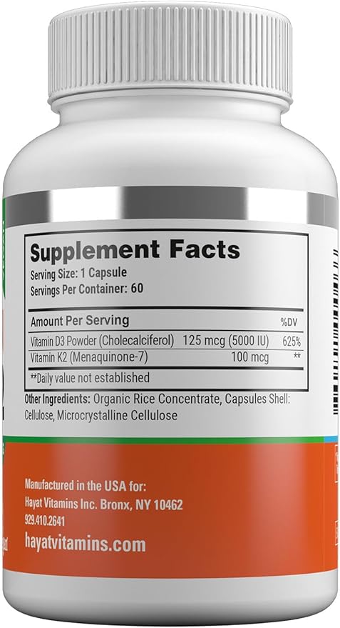 Vitamins Vegan Vitamin D3+K2 (5000 IU + 100 MCG), Dietary Supplement for Bone, Teeth, Muscle and Immune Health Support, 2 Month Supply, Certified Halal, 60 Capsules, Made in The USA