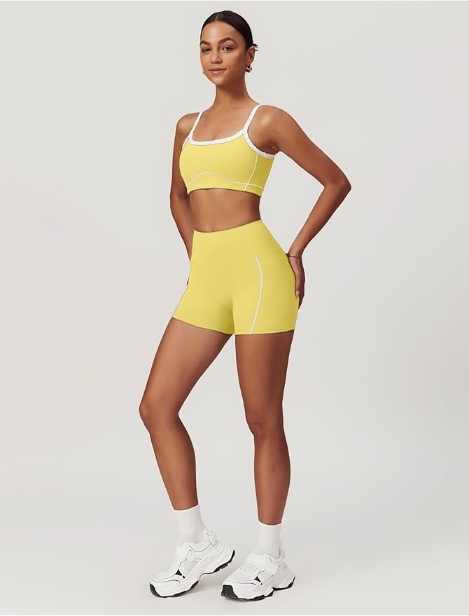 Workout Sets for Women 2 Piece Contrast Panel Sports Bra Tummy Control Butt lifting Shorts Jogger Outfits ﻿