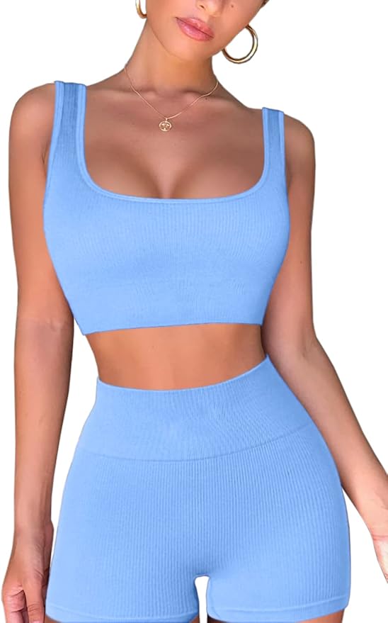 QINSEN Workout Sets for Women 2 Piece Seamless Ribbed Crop Tank High Waist Shorts Yoga Outfits