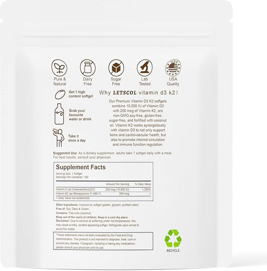 2-in-1 Vitamin D3 K2 Supplement Softgel, Vitamin D3 10000 IU and Vitamin K2 200 mcg, K2 MK7 with D3 Vitamin Supplement Support Immune, Heart, Joint, Teeth & Bone Health