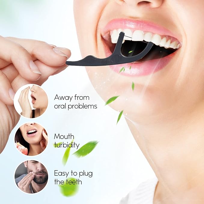 Y-Kelin Natural Dental Floss Picks - Vegan, Eco Friendly Black Bamboo Charcoal Dental Teeth Stick Tooth Pick Toothpick Flosser for Oral Care with a Fresh Feel Minty Flavor (100 Pcs)