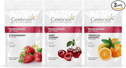 Celebrate Vitamins Bariatric Multivitamin Soft Chews - Essential Vitamins & Minerals, Sugar & Gluten Free - Gastric Bypass & Sleeve Gastrectomy Supplement - Strawberry/Orange/Cherry (180ct)