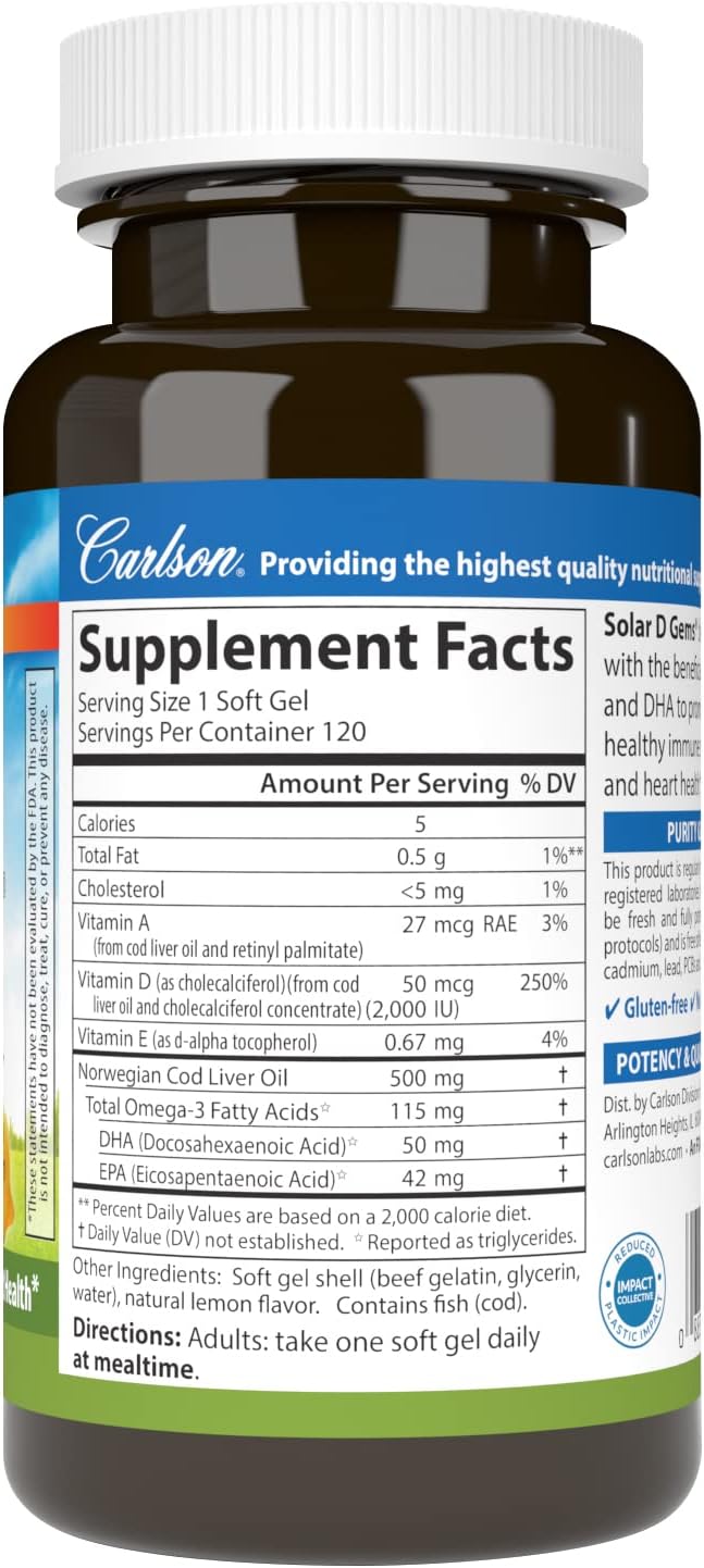 Carlson Labs Solar D Gems Natural Vitamin D3, 2000 IU, 120 Softgels
