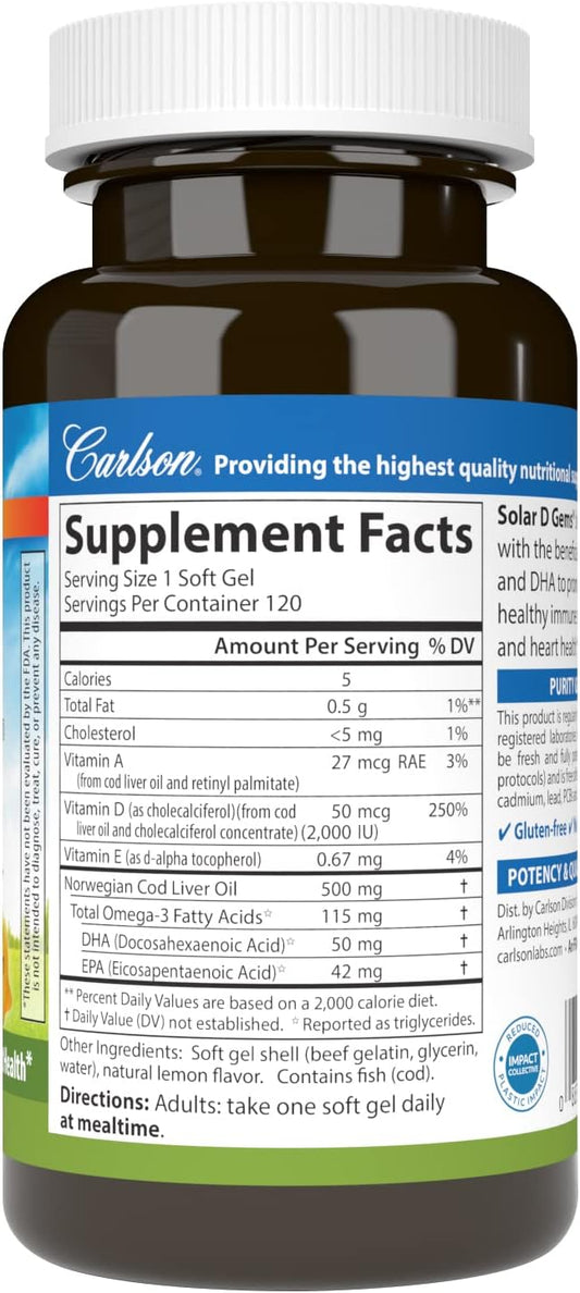 Carlson Labs Solar D Gems Natural Vitamin D3, 2000 IU, 120 Softgels