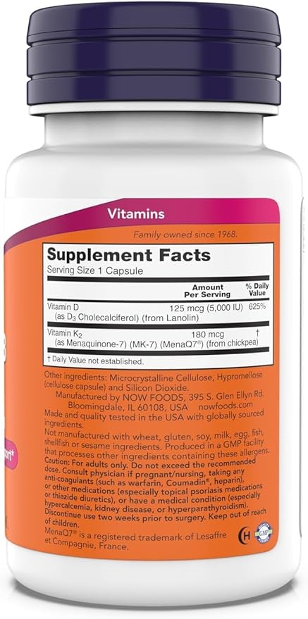 Now Supplements, Mega D-3 & MK-7, 5000 IU / 180 mcg, Bone & Cardiovascular Support*, Vitamins K-3 & K-2, 180 Capsules